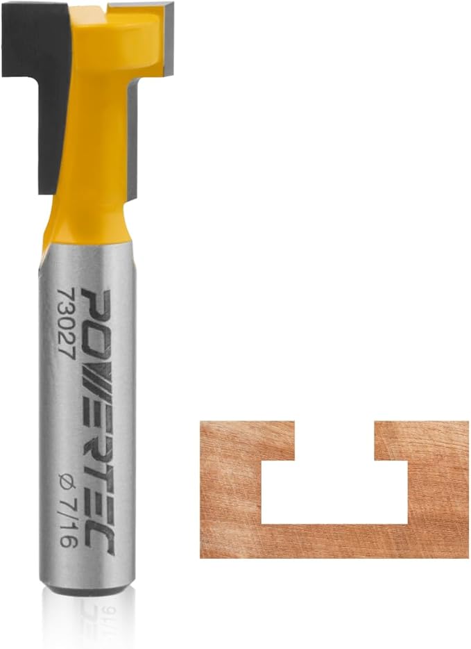 POWERTEC T Track Router Bit, Tungsten Carbide Tipped Router Bit, 1/4 Shank, 7/16" Dia., Slatwall, T Slot for Picture Frames, Plaque, Compatible with 1/4" Hex Bolts (73027)