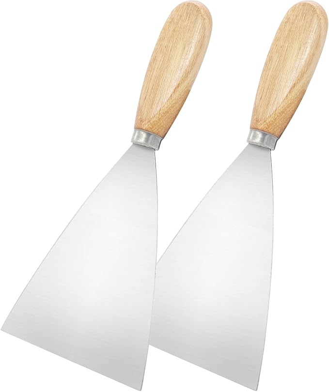 Putty Knife, 2 PCS 4 Inch Metal Scraper, wooden Handle Spackle Knives for Drywall, Decals, Wall paper, Patching, Painting, Taping, Scraping Coating