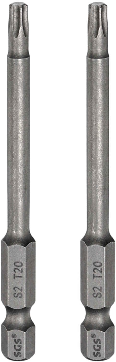 HARFINGTON 2pcs T20 Torx Head Screwdriver Bit 1/4" Hex Shank 3" (75mm) Long Magnetic No Hole Tip Tamper Proof 6 Point Star Screw Driver Drill Bits S2 Steel Industrial Power Screwdrivers