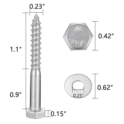 25 Pcs M6x2 Inch Exterior Lag Screw Kit 304 Stainless Steel 18-8 Lag Screws for Outdoor Installation Garden Tables Chairs Outdoor Fences