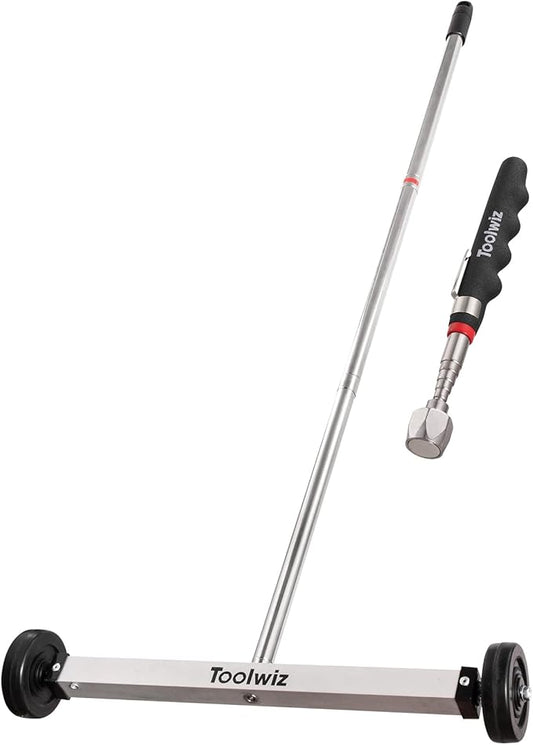 Toolwiz 17" Rolling Magnetic Sweeper 8.8lbs, with 16 lbs Telescopic Magnetic Pick Up Tools –Lightweight Pick-up Sweeper with Wheels for Nails, Screws & Metal Debris Home Use Workshop Garage