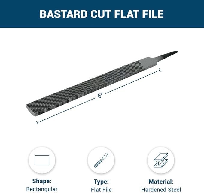 Benchmark Abrasives 6" Bastard Cut Long Flat File, Hardened Steel File, for Filing Metal, Sharpening Tools, Copper, Plastic, Hardwood, Metalworking Woodworking (6")