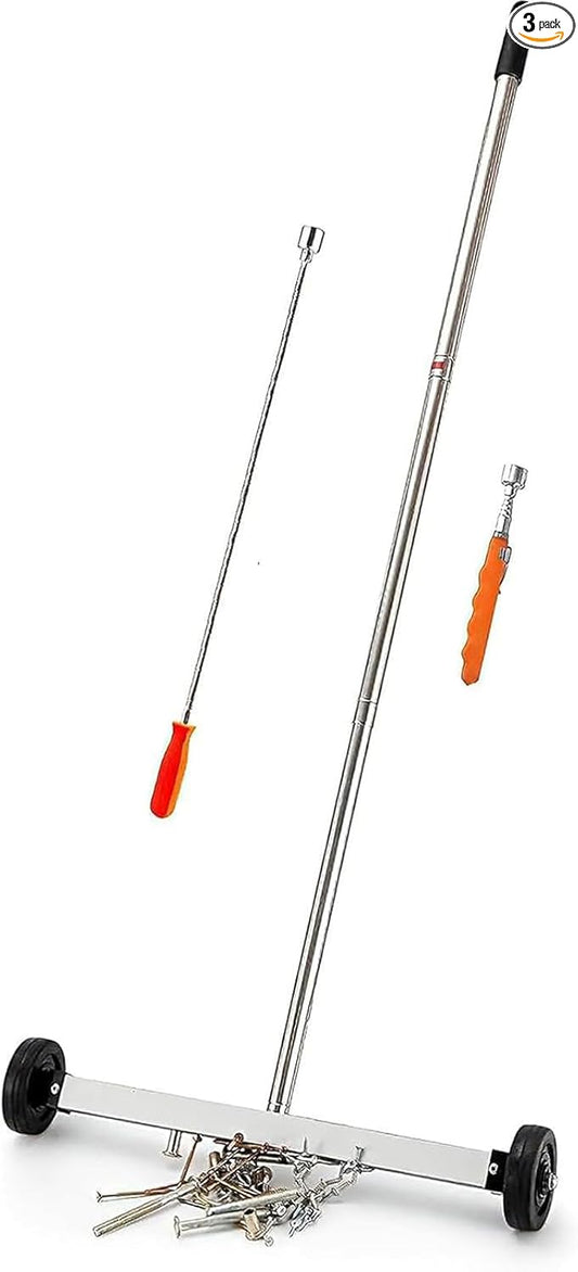 Magnetic Sweeper Pickup Tools set of 3-Yard Magnet Sweeper with Telescoping Holder and Wheels,Extendable and Flexible Magnet Stick Pick Up Nails,use for Mechanic,Automotive,Construction,Lawn,Roofing
