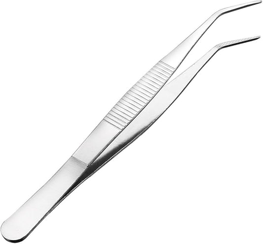 uxcell 6.3-Inch Stainless Steel Tweezers with Curved Pointed Serrated Tip