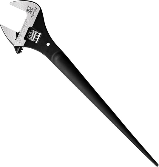 HAUTMEC 16 inch Adjustable Spud Wrench, Wide Jaw Up to 1-5/8"(41mm), Adjustable Spud Wrenches with Tail Pry Bar Features, Black Oxide Finish, Forged CR-V Steel Metric & SAE Scales with Tether Hole
