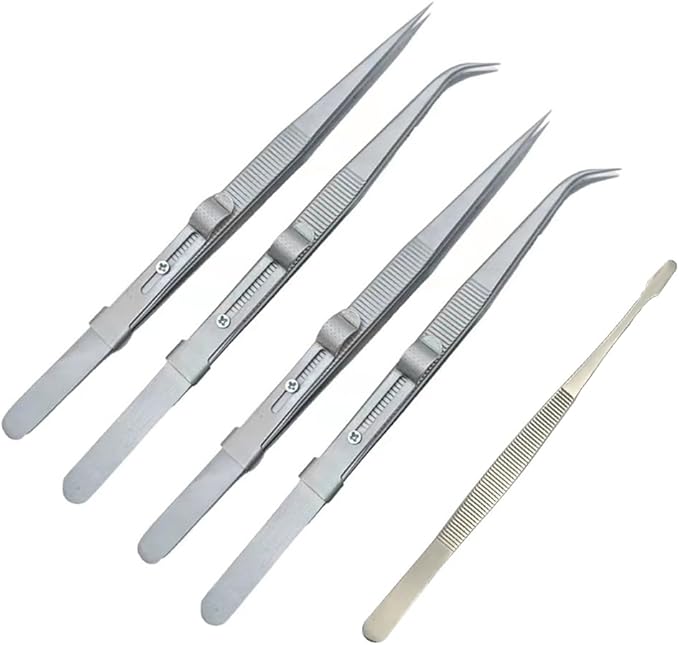 5PCS Precision Tweezers Set, Upgraded Anti-Static Stainless Steel Curved of Tweezers,Flat/Pointed/Curved Angled Locking Long Tweezers for Crafts, Lab, Soldering, Jewelry Crafting