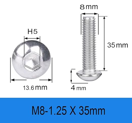 Metuja M8-1.25x35mm Button Head Socket Cap Bolts Screws竊?0pcs竊? Stainless Steel, Full Thread, Silver, Allen Hex Drive