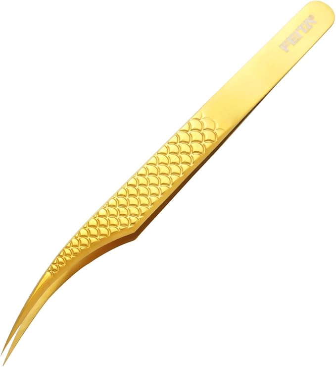 FEITA Diamond Grip Eyelash Extensions Tweezer Lash Precision Tweezers, Japanese Steel Dolphin-shaped Tip, False Lashes Application Tools, Gold 1Pc