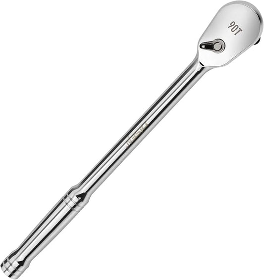 DISEN 1/2" Drive Ratchet,90-Tooth Ratchet Wrench with 14" Handle and Dust Proof Teardrop Enclosed Head, Reversible, CR-V Steel Made, CR-MO Head, Full Polished, Gifts for Men