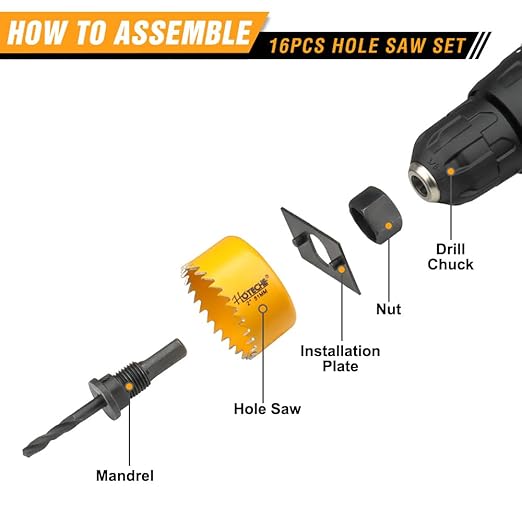 Hoteche 16Pcs Hole Saw Set with 12 Hole Saws (3/4" to 5") - Complete Kit for Woodworking, Metalworking, Plumbing, and More