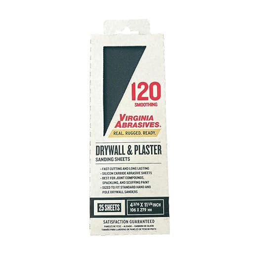 Virginia Abrasives Fine 120-Grit Drywall & Plaster Sheet Sandpaper, 4.18 x 11.25 Inch, 25 Sheets
