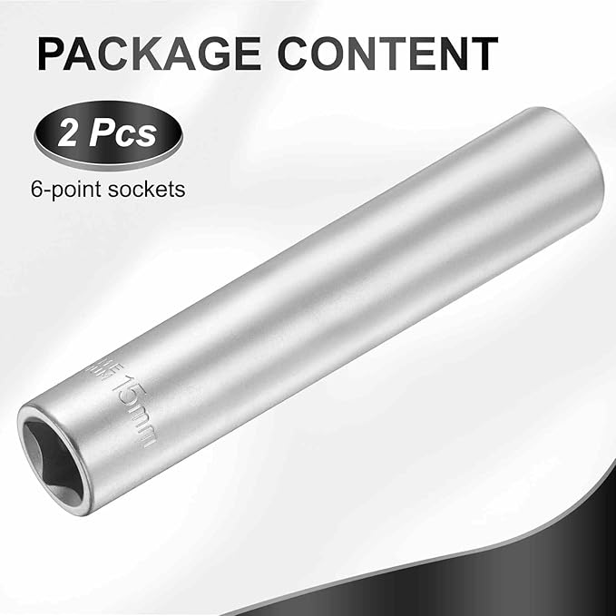 HARFINGTON 2pcs 6 Points Deep Socket 1/2" Drive 15mm Deep Metric CR-V Steel Polished Nickel Plating Flip Sleeve 120mm / 4.7" Extra Long Socket Tool for Home Auto Nuts Bolts Repair