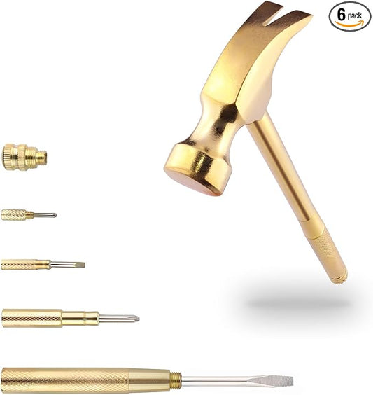 Multifunction Hammer 6 in 1 with Slotted/Flat Head Phillips Screwdriver Claw Hammer Manual, Portable Metal Mini Tool Hammer (Gold)
