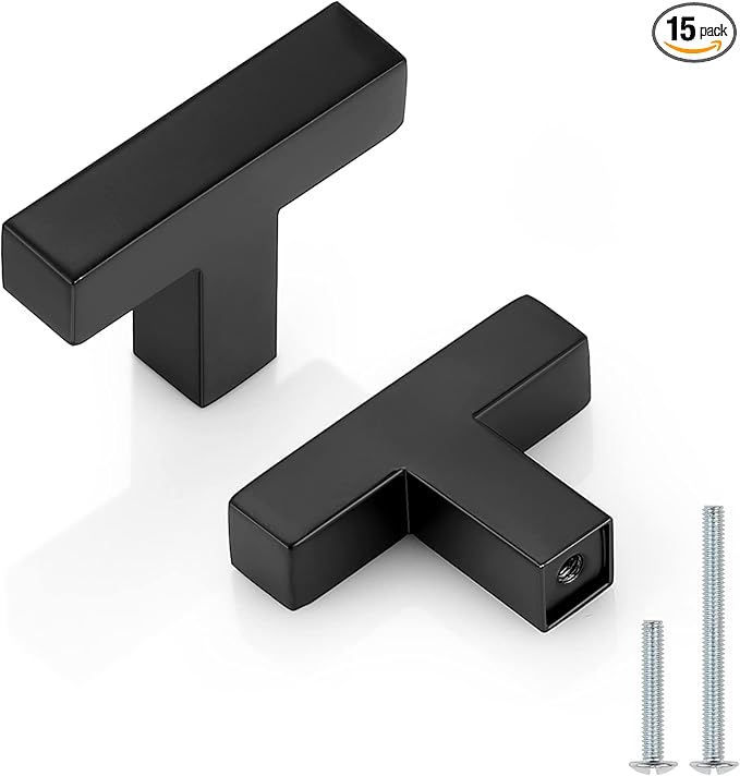 Probrico 15 Pack Black Cabinet Knobs Stainless Steel Square Corner Bar Kitchen Cabinet Door Handles 2" Overall Length Drawer Pulls Knobs Single Hole T Knob for Closet, Wardrobe, Bedroom