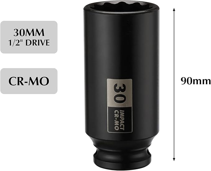 EMENTOL 1/2 Inch Drive Deep Spindle Axle Nut Impact Socket, CR-MO, 12 Point, Metric, Deep 12PT Impact Socket - 30mm