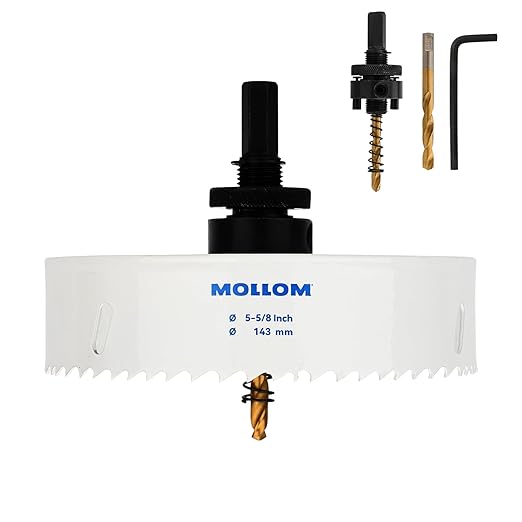 Mollom (143mm | 5-5/8") HSS M42 with 8% Cobalt BI-Metal Hole Saw with 2 Pilot Drill Bits & Arbor Smooth Cutting for PVC,Drywall,Wood,Plastic,Gypsum Board,Rubber