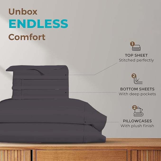 Split Queen Sheets for Adjustable Beds 5-Piece Split Queen Sheet Set, 800 Thread Count 100% Egyptian Cotton,15" Deep Pocket Adjustable Bed Sheets, Dark Grey Solid