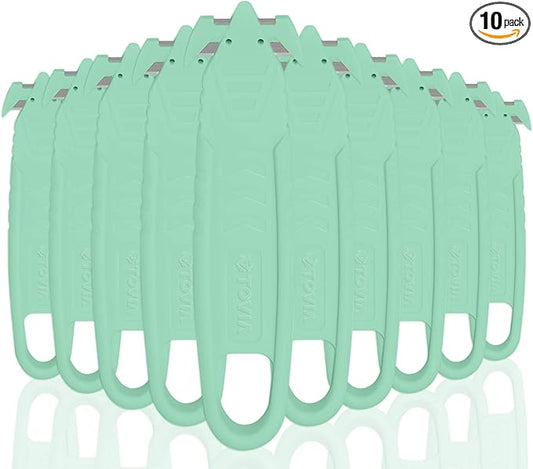 Safety Box Cutter, T TOVIA SK2 Stainless Steel Concealed Blade Package Opener with Tape Splitter for Cartons, Cardboard, Wrap, Straps, Film (10 Pieces - Green)