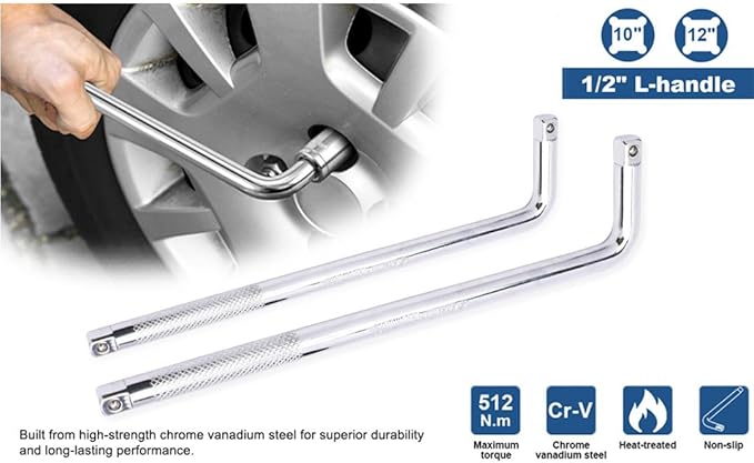 1/2 Drive Length 18 Inch Tool L Handle Socket Wrench, CR-V Heavy-Duty, Socket head lock onto ratchets and torque wrench extensions, Double-end L Shape Extension Bar.