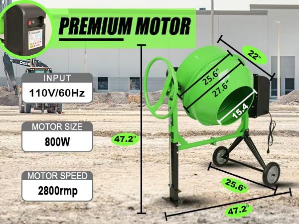 Concrete Mixer 6.4 Cu Ft 180L Electric Power Cement Mixer 800W Wheelbarrow Mixing Machine with Stand And Wheels for Stucco, Mortar, Seed