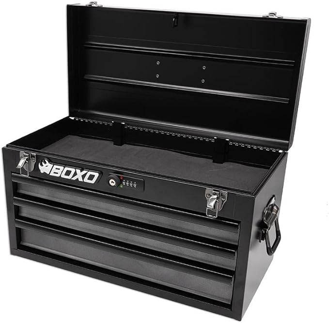 Boxo USA Heavy-Duty 3-Drawer Steel Tool Box - Portable Hand Carry Toolbox Organizer with Ball Bearing Slides & Secure Key & Digital Lock System (Black)