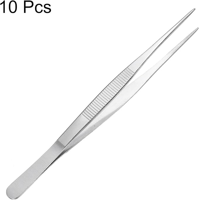 uxcell Stainless Steel Tweezers 8-Inch Straight Serrated Tip Stainless Steel Multipurpose Sewing Tweezer Silver 10 Pcs
