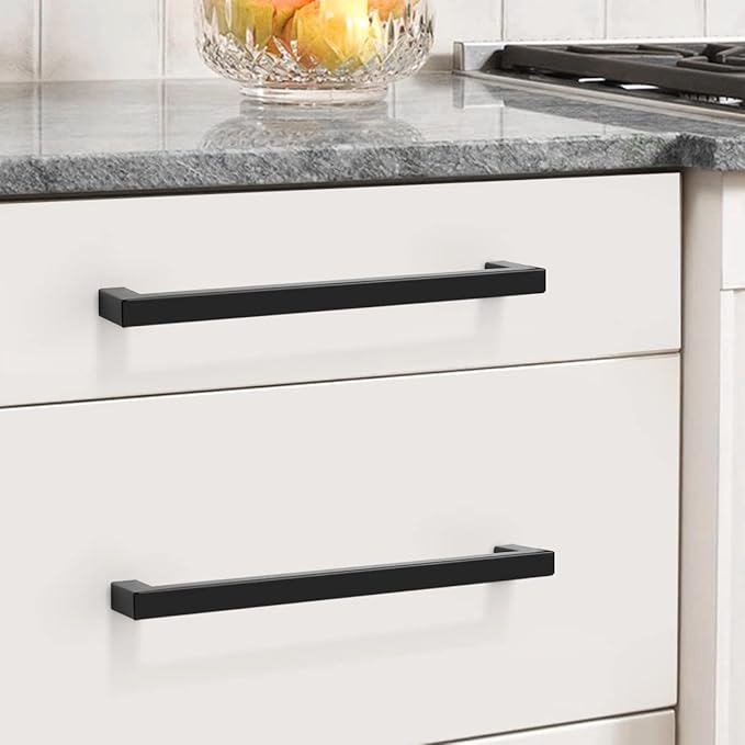 Probrico (10 Pack) Flat Black Cabinet Pulls Stainless Steel Drawer Handles 6-3/10 Inch(160mm) Hole Center Modern Cabinet Hardware for Kitchen Bathroom