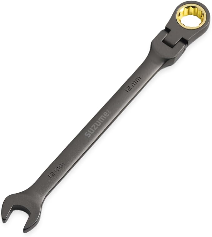 SUZUME 12mm Flex Head Ratcheting Wrench Metric 72 Teeth Cr-V Steel 15K+ Cycle Locked Gears with 180째 Flexible Head Black Nickel Coating