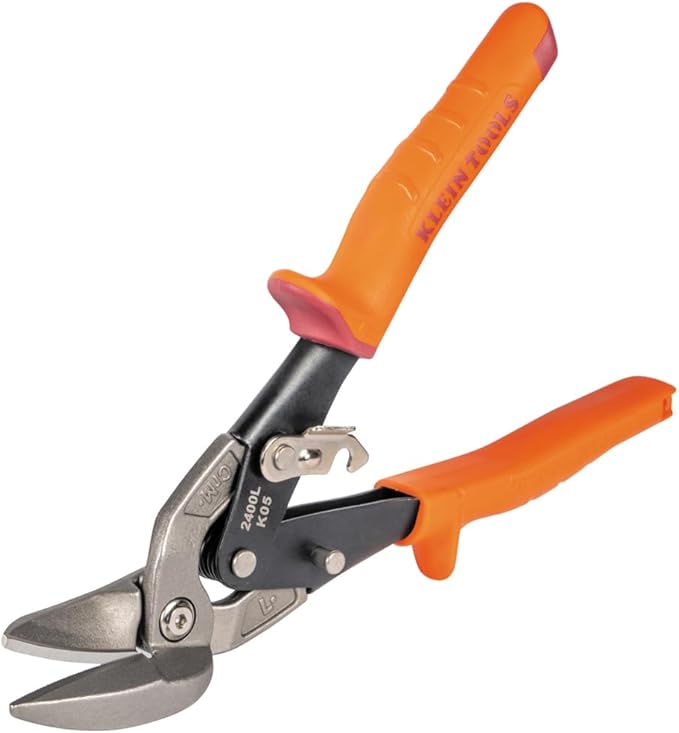 Klein Tools 2400L Left-Cutting Offset Snips, Aviation Tin Snips with Forged Blade for Precision Sheet Metal Cutting