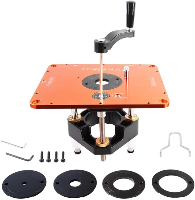 O'SKOOL Router Lift Systems for 3-1/2" Diameter Motors, 9-1/4'' x 11-3/4'' Plate 5-Piece Insert Ring Kit, RTS05