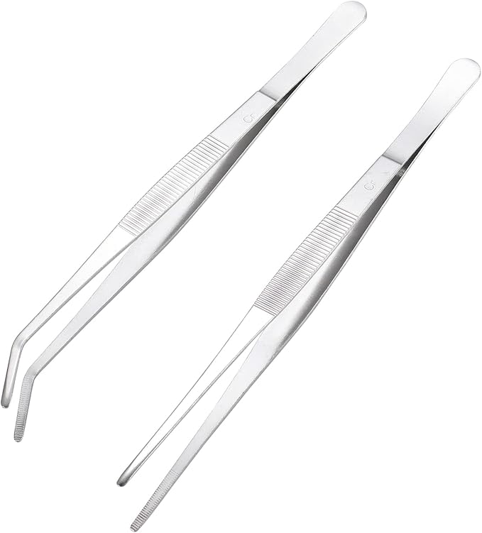Miupoo Long Handle Stainless Steel Paint Straight and Curved Tweezers Nippers,Extra Long Precision Craft Tweezers Set with Serrated Tips,Silver,2 pieces,9.8Inches