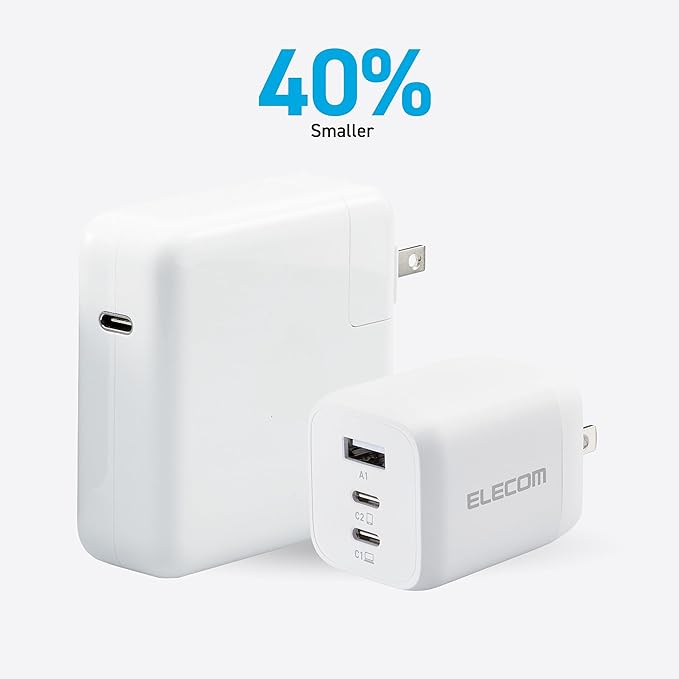 ELECOM 65W USB C Wall Charger Block, 3 Multi Port GaN II Fast Charging, Light Compact Power Adapter for Multiple Devices, iPhone, Laptop, Tablet, iPad, Airpods, Watch, Speakers, Samsung (White)