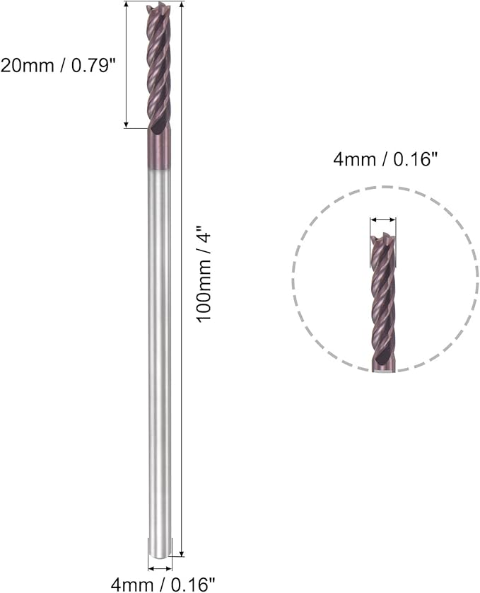 uxcell Square Nose End Mill, 4mm Tip Dia Solid Carbide AlTiN Coated CNC Router Bits 4 Flute Spiral Milling Cutter HRC55 with 4mm Shank 100mm (4-inch) Length