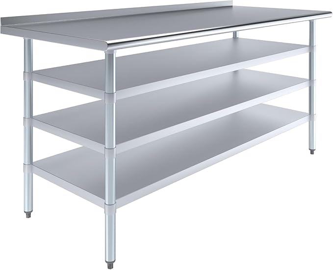 Stainless Steel Work Table with 1.5" Backsplash and 3 Shelves | Metal Kitchen Food Prep Table | NSF Certified (72" Long x 30" Deep)