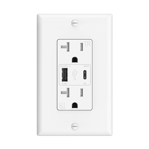 ThunderWay USB Charger Wall Outlet, USB Receptacle with Type A & Type C USB Ports, 20 Amp Tamper Resistant Receptacle Plug, Wall Plate Included, ETL Listed, White, 1 Pack