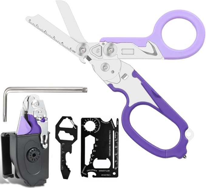 multifunctional tool set includes key tools, card tools, 6-in1 Trauma Shears, scissors with K-sheaths, suitable for outdoor exercise, garden pruning, and daily household use (double purple)