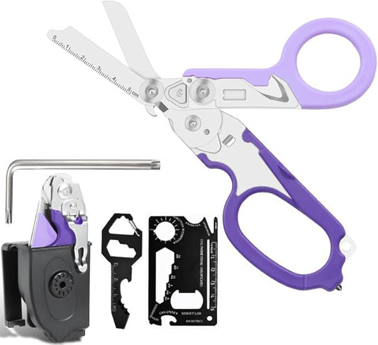 multifunctional tool set includes key tools, card tools, 6-in1 Trauma Shears, scissors with K-sheaths, suitable for outdoor exercise, garden pruning, and daily household use (double purple)