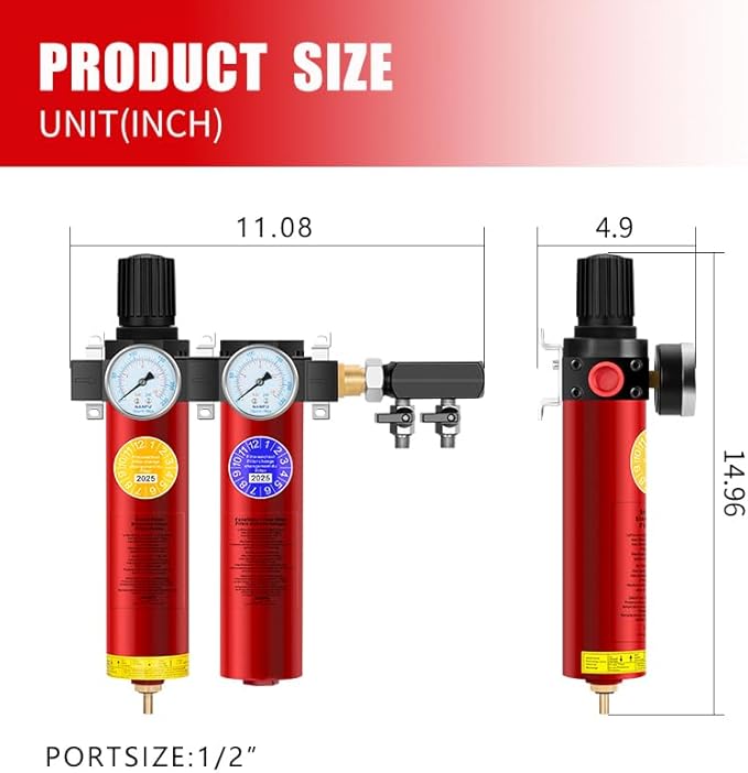 NANPU Z Series 2-Stage Air Filtration System - Sintered & Fine Filters, 1/2" NPT Inlet, 1/4" NPT Outlet Module, 0-230 psi Gauge, 127 CFM @ 6 bar, Metal Housing, Auto Drain (ZP104-D)
