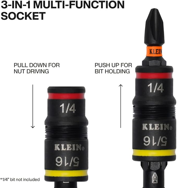 Klein Tools 32932 5-in-1 SAE Impact Socket Set, 2 Flip Sockets with 1/4, 5/16, 3/8, 7/16 Nut Driver Sizes and 1/4-Inch Bit Holder, Impact Rated 3-1/2-Inch Shaft
