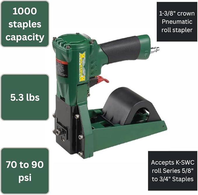Klinch-Pak KP-SWC Pneumatic Roll Stapler for SWC Series Staples with 1-3/8-Inch Crown and 5/8-Inch to 3/4-Inch Leg Staples SIM Bostitch SWC7437, Ideal for Folding Boxes, Complete Overlap and More