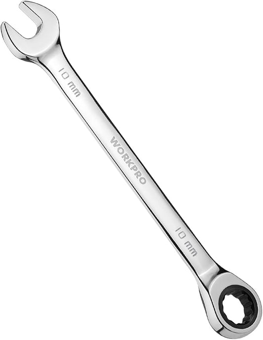 WORKPRO 10 mm Ratcheting Combination Wrench Metric, CR-V Constructed with Mirror Polish Chrome Plating, 12-Point Design, 15-Degree Offset