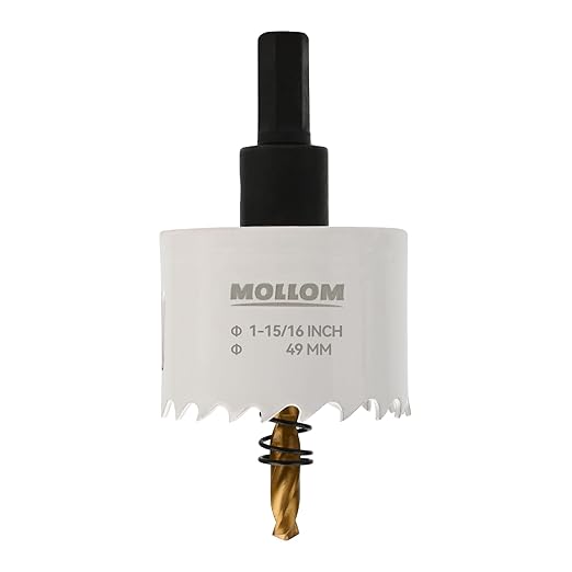Mollom (49mm | 1-15/16") HSS M42 with 8% Cobalt BI-Metal Hole Saw with 2 Pilot Drill Bits & Arbor Smooth Cutting for PVC,Drywall,Wood,Plastic,Gypsum Board,Rubber
