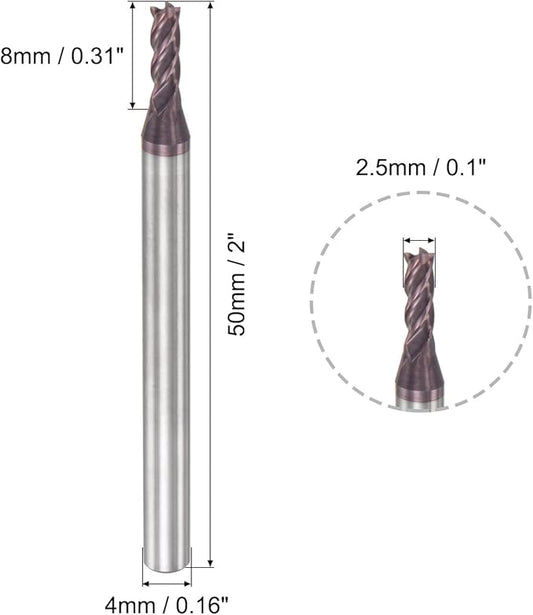 uxcell Square Nose End Mill, 2.5mm Tip Dia Solid Carbide AlTiN Coated CNC Router Bits 4 Flute Spiral Milling Cutter HRC55 with 4mm Shank 50mm (2-inch) Length