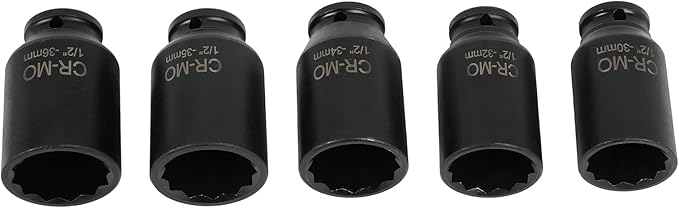 SCITOO 1/2 5PCS Drive Deep Impact Axle Hub Socket Set,Axle Nut Hub Impact,12 Point,30mm-36mm(30mm,32mm,34mm,35mm,36mm)