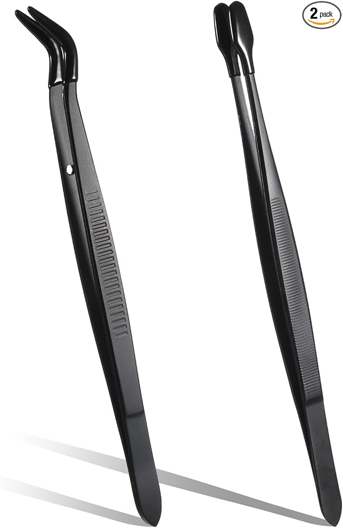 Rubber Tipped Tweezers, 2 Pcs Silicone Coated Long Bent and Straight Flat Tip Craft Tweezers Stainless Steel Precision Tweezer Set for Lab Electronic Industrial Stamps Coin Beads Jewelry (Black)