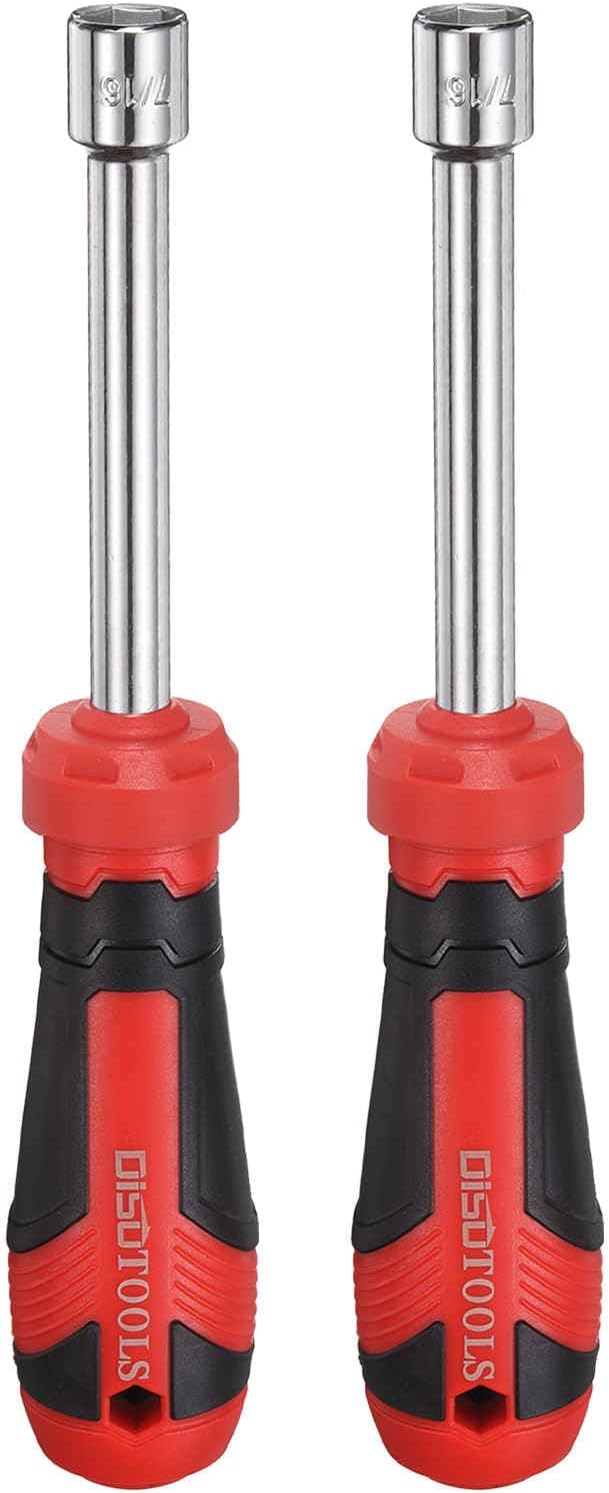 HARFINGTON 2 Pcs SAE Nut Driver 7/16" CR-V Non-Magnetic Tip Hollow Shafts Hex Socket Screwdriver with Anti-Slip Handle for Automobile Repair Bit Driver