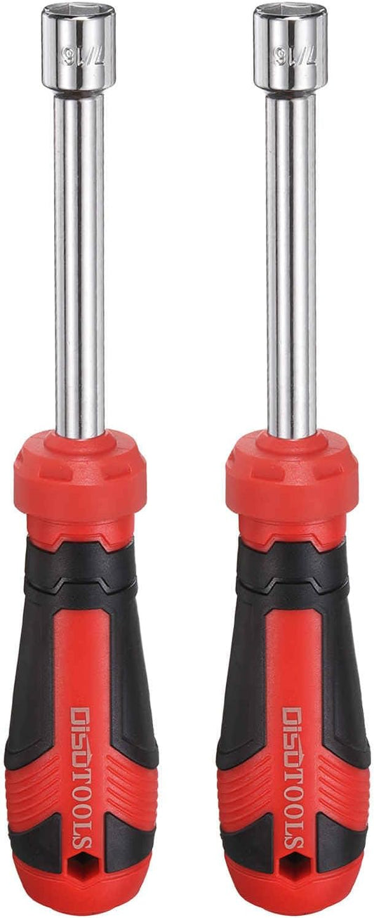 HARFINGTON 2 Pcs SAE Nut Driver 7/16" CR-V Non-Magnetic Tip Hollow Shafts Hex Socket Screwdriver with Anti-Slip Handle for Automobile Repair Bit Driver