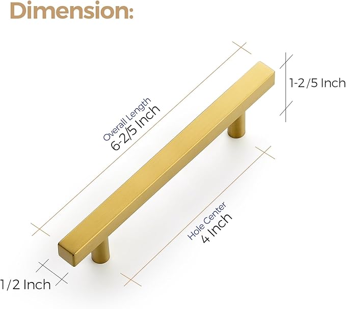 Ravinte 20 Pack 4 Inch Cabinet Pulls Gold Sqaure Kitchen Cabinet Handles Gold Cabinet Hardware Stainless Steel Drawer Pulls 6-2/5 Inch Overall Length with Mounting Template