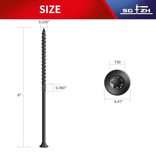 #14 x 8 Inch Deck Screws (17Pcs) 1lb. Carbon Steel, Black, Flat Head, Rust Resistant epoxy Coated, with T30 Star Bit