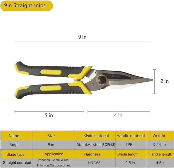 9 Inch Aviation Tin Snips Heavy Duty Shears Straight Metal Cutter with Comfort Grip and Stainless Steel Blades Multifunction Cutting of Cable Wires,Thin Iron,Cardboard etc